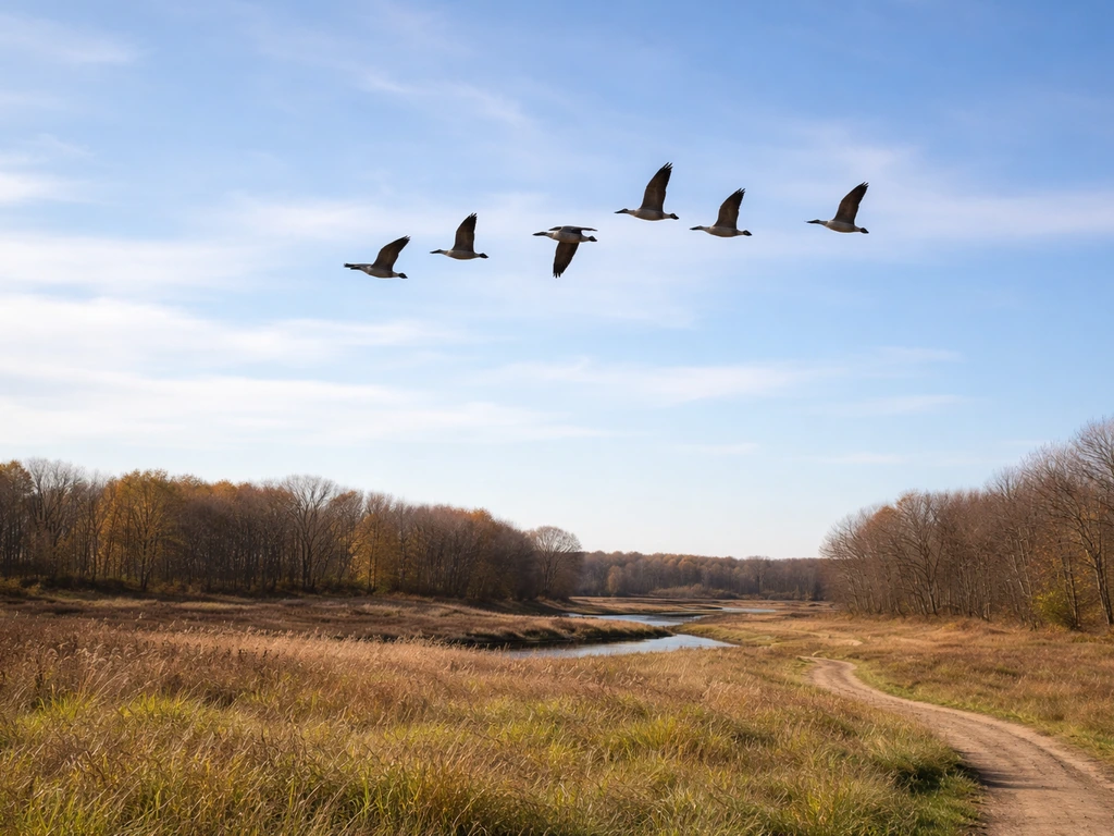 Small flock of migratory birds flying toward the horizon over a landscape showing seasonal change.