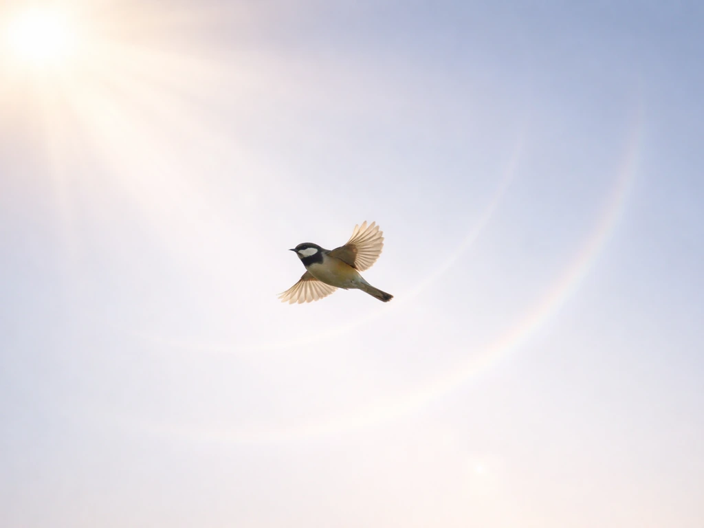 Small bird gliding through sun rays in a clear sky, suggesting sun-based navigation timing cues.