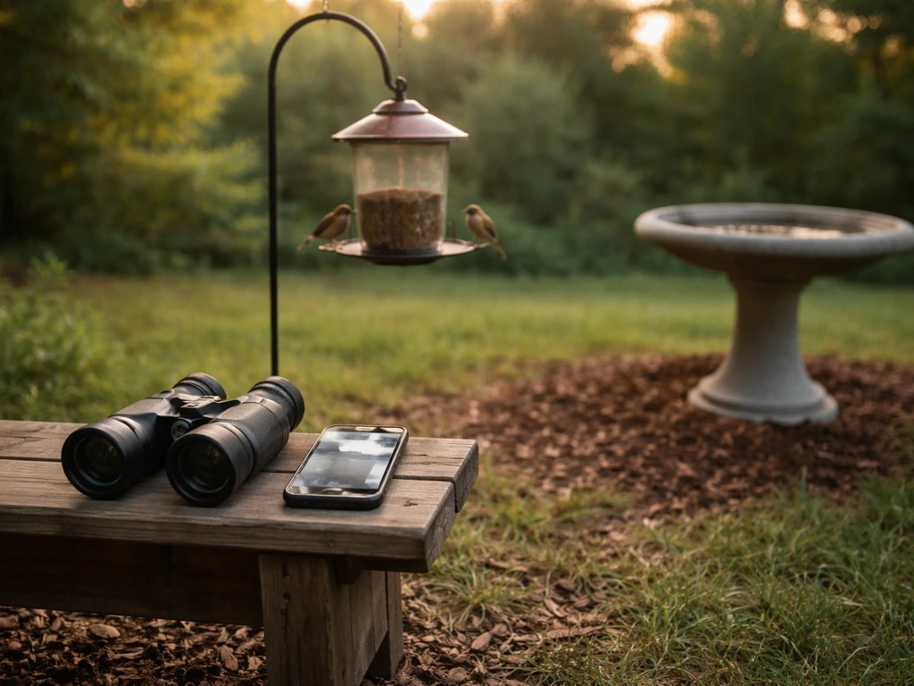 Binoculars and a phone timer beside a bird feeder and birdbath in a quiet backyard