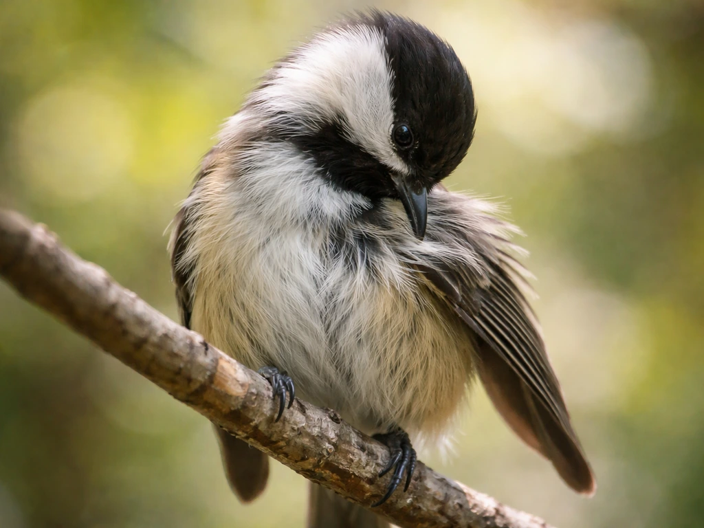 Close-up small songbird preening, beak combing feathers near wing and chest with detailed texture.