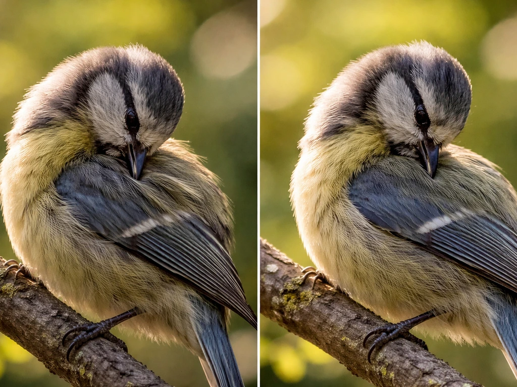 Small bird preening on a branch, beak smoothing neck feathers in a split two-step close-up.