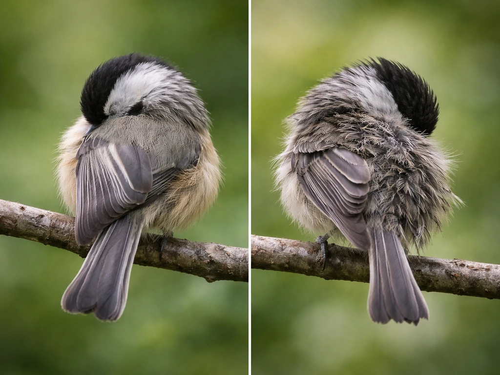 Small bird perched on a branch, normal smooth preening on one side and ruffled damaged feathers on the other.