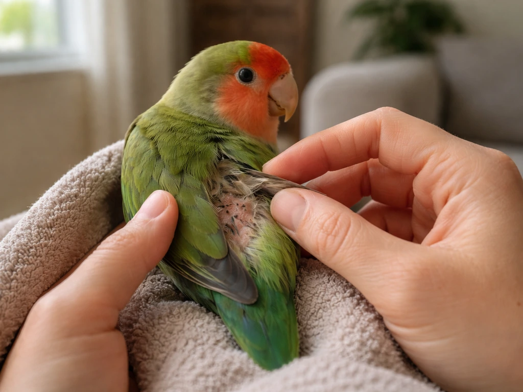 Caregiver’s hands gently part a pet bird’s feathers on a towel to inspect condition.