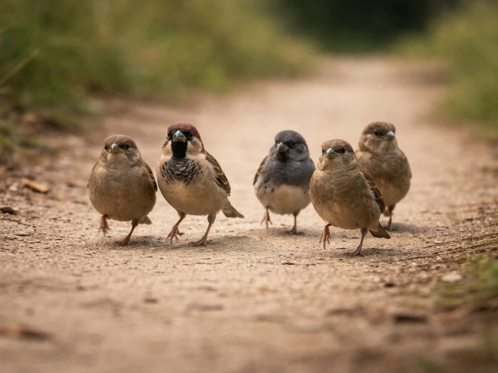 A small group of birds traveling together on a rural path, close view showing natural flock behavior.