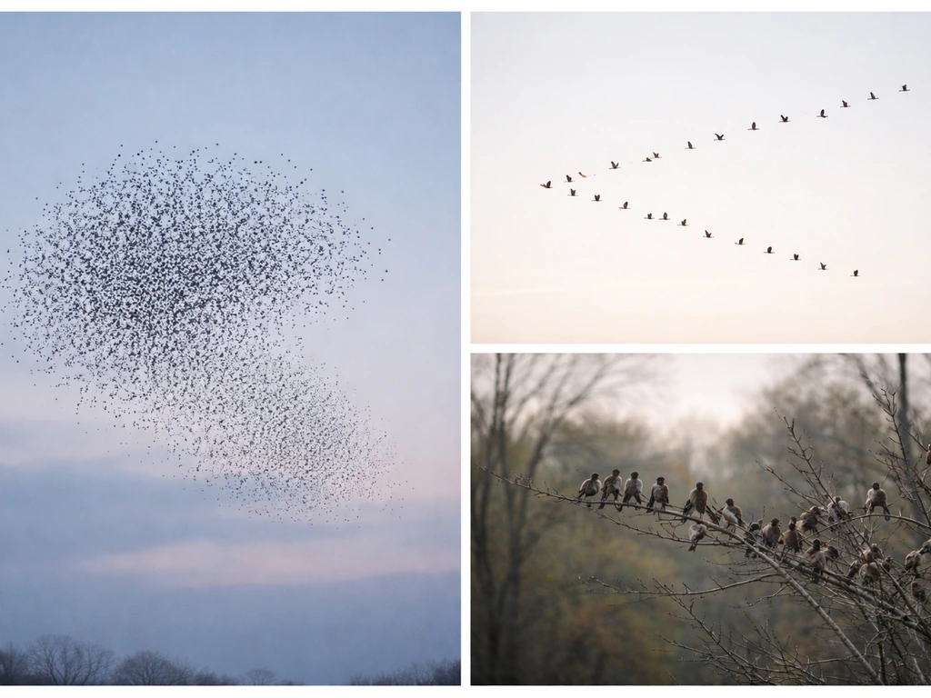 Three small bird flocks in open sky and on branches: coordinated aerial murmur, V-formation, and resting cluster.