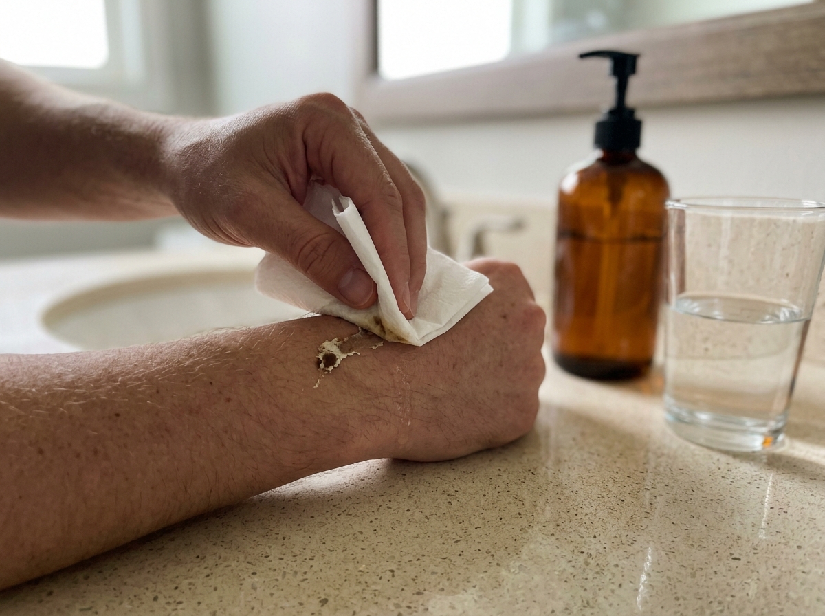 Bird droppings being gently removed from skin with a damp tissue