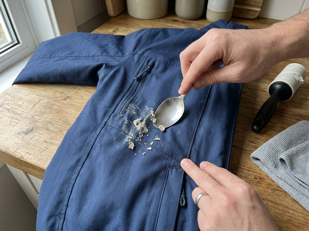 Scraping dried bird droppings off clothes with a spoon