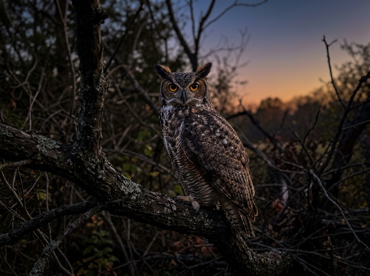 An owl silhouette suggests intuition and the unseen at dusk