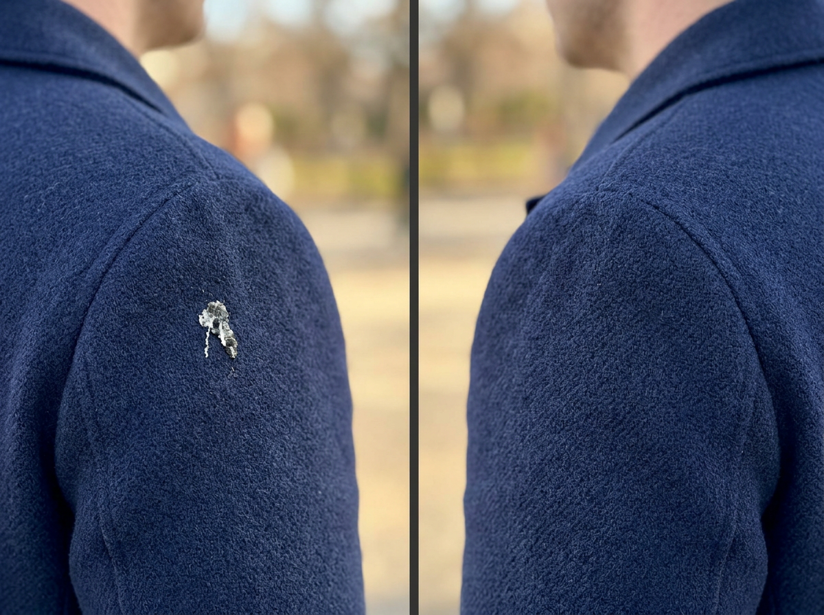 Split close-up comparison: bird dropping on left shoulder vs clean right shoulder