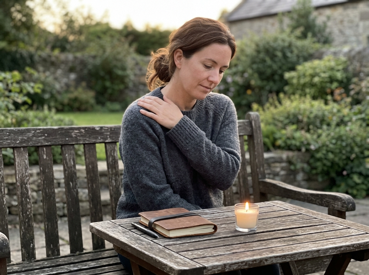 Person reflecting with a journal and candle while touching their left shoulder