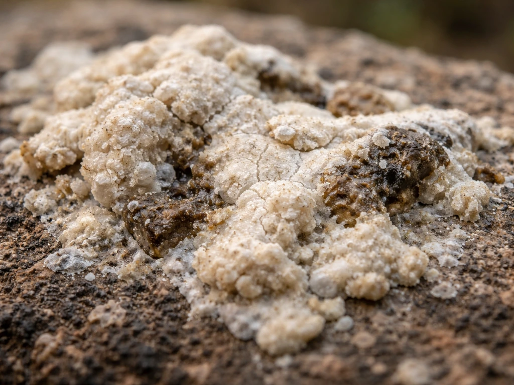 Close-up of dried guano texture with chalky cream and darker damp spots on natural ground.