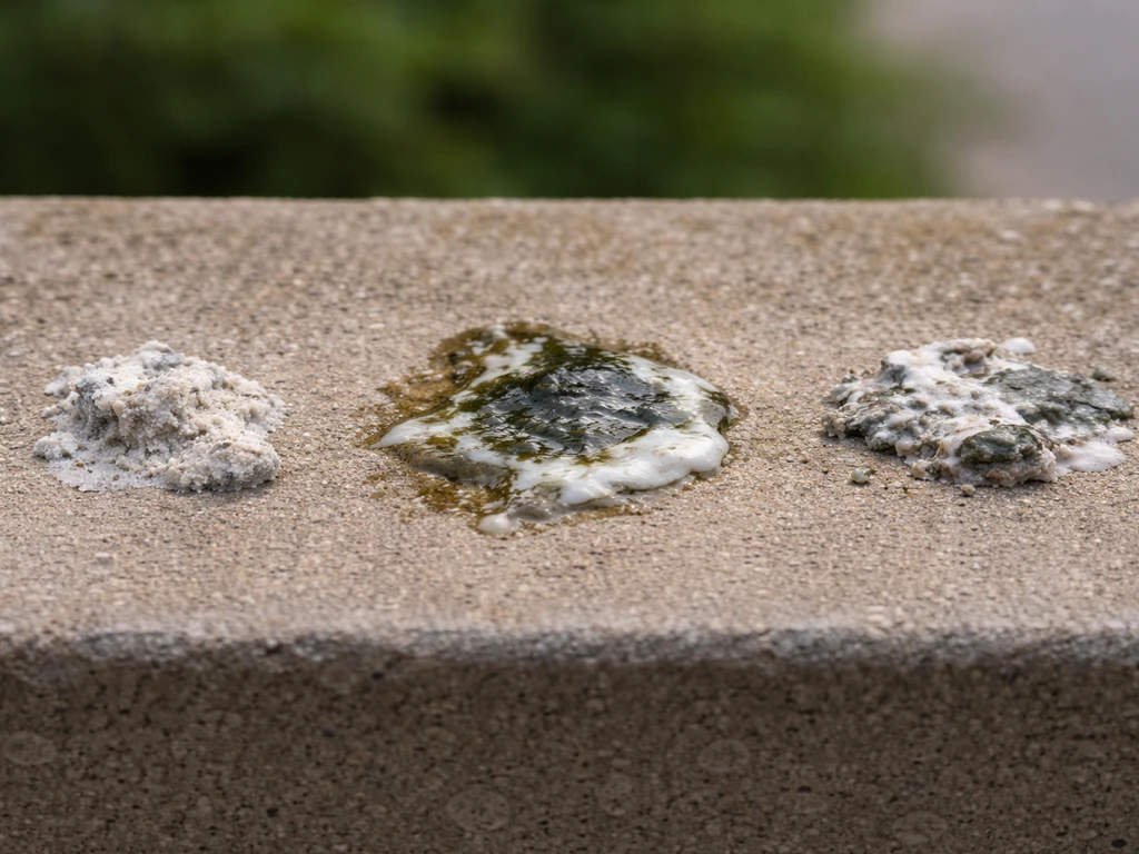 Close-up side-by-side bird droppings showing different sizes and wet vs chalky textures on a stone ledge.