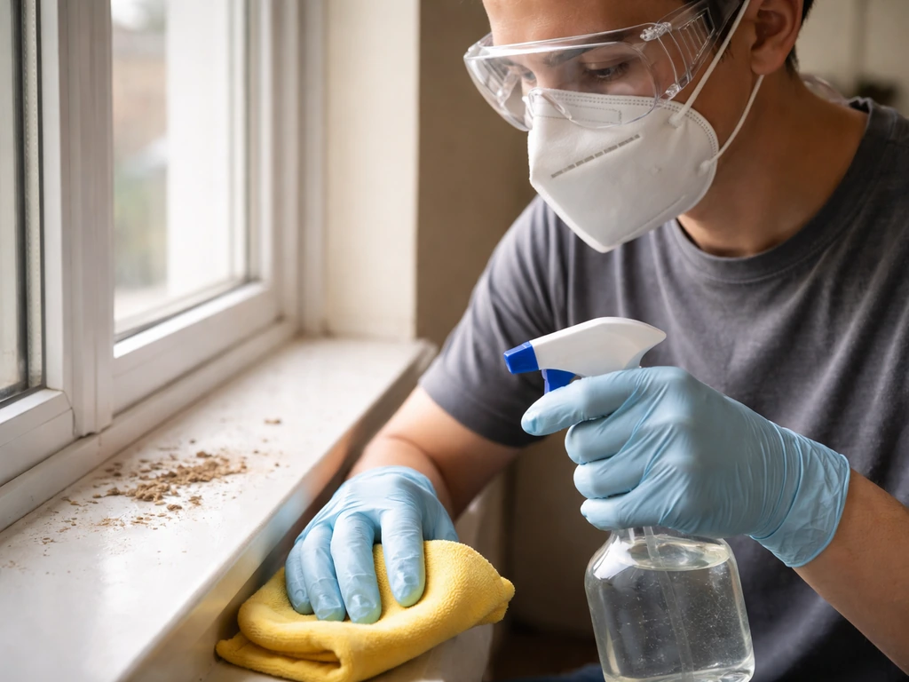 Person wearing N95 respirator, goggles, gloves while cleaning up small bird droppings near a window