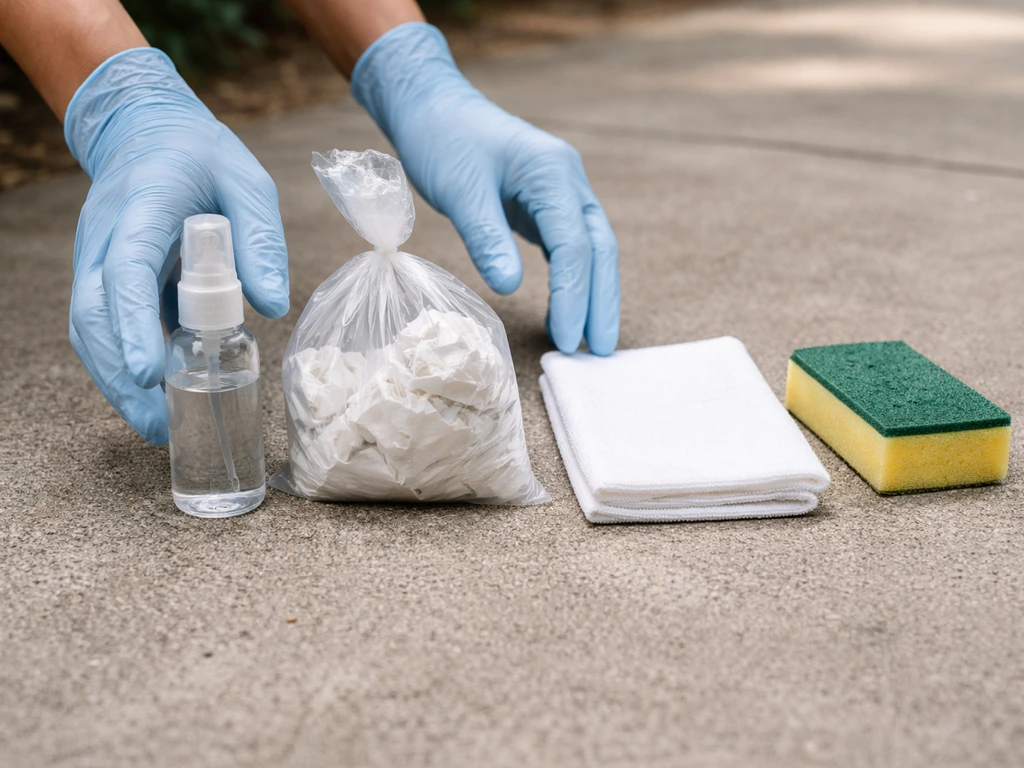 Gloved hands arranging wet-cleanup supplies for bird guano, including spray bottle, sealed waste bag, and damp wipes.