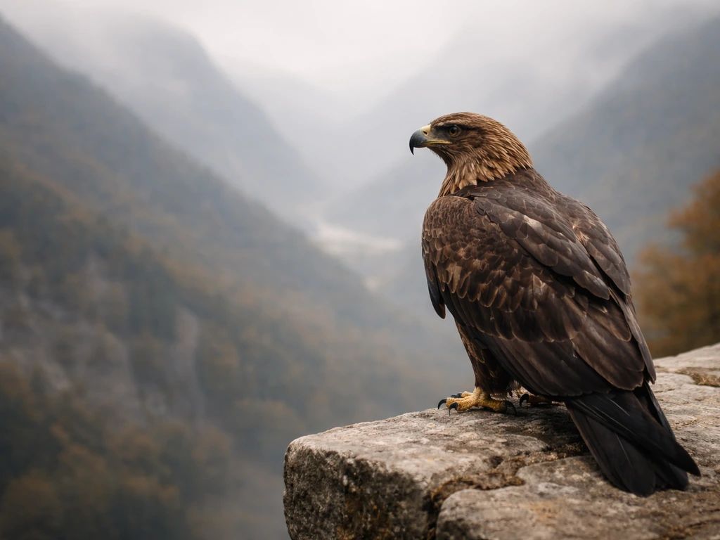An eagle-like raptor perched on a stone ledge, watchful gaze over a misty mountain valley.