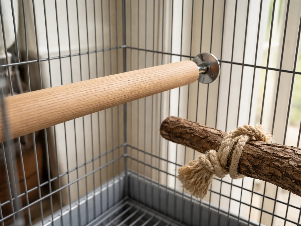 Small pet birdcage setup with wooden and rope perches, mounting hardware visible, natural light.