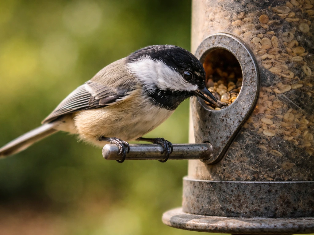 Small songbird perched on a feeder perch bar, pausing briefly as it feeds.