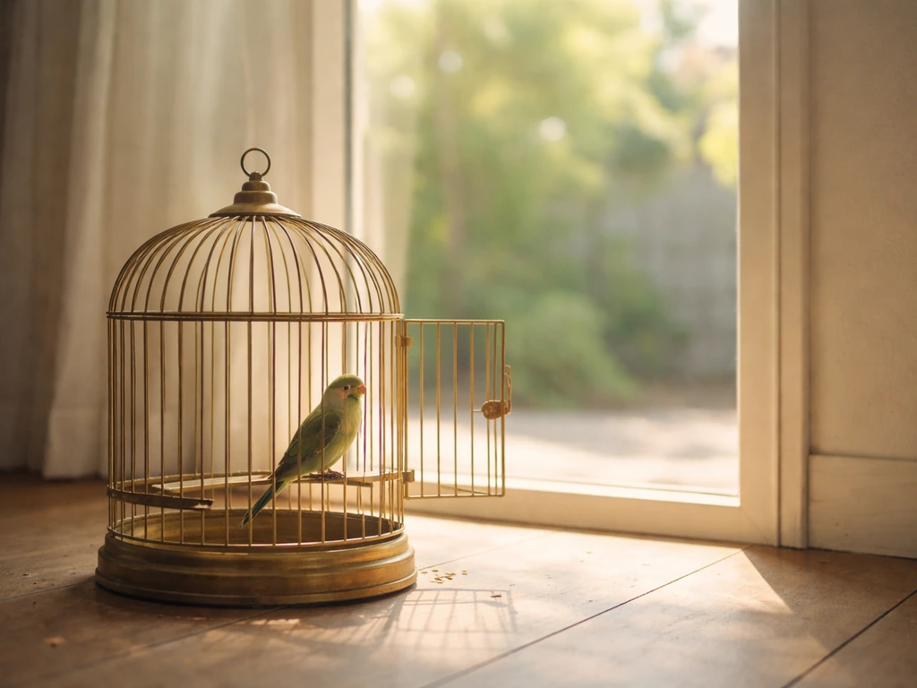 Open birdcage by a doorway with a calm bird perched inside, symbolizing restraint and freedom.