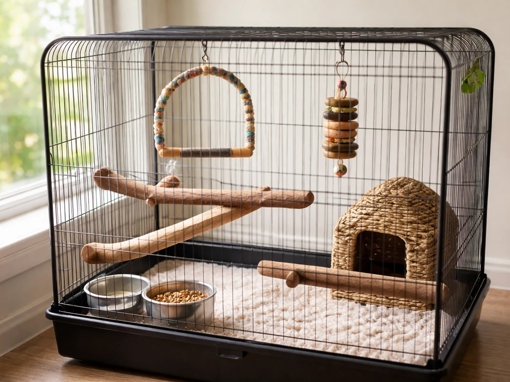 Ethically set up bird enclosure with perches and safe toys in a bright, minimal indoor setting