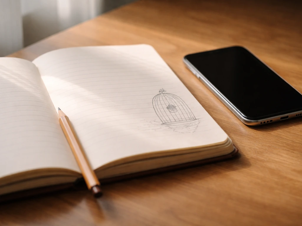 Open dream journal with a small penciled caged bird sketch beside a dark smartphone on a wooden desk.