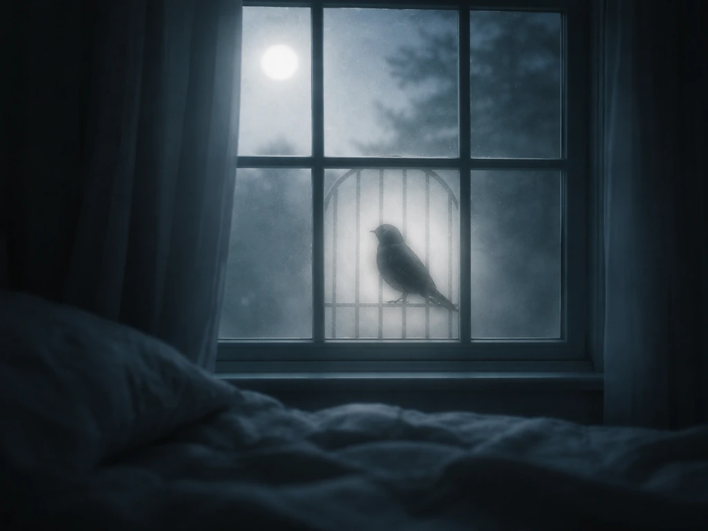 Moonlit window at night with a bird silhouette framed by a subtle cage-like shadow