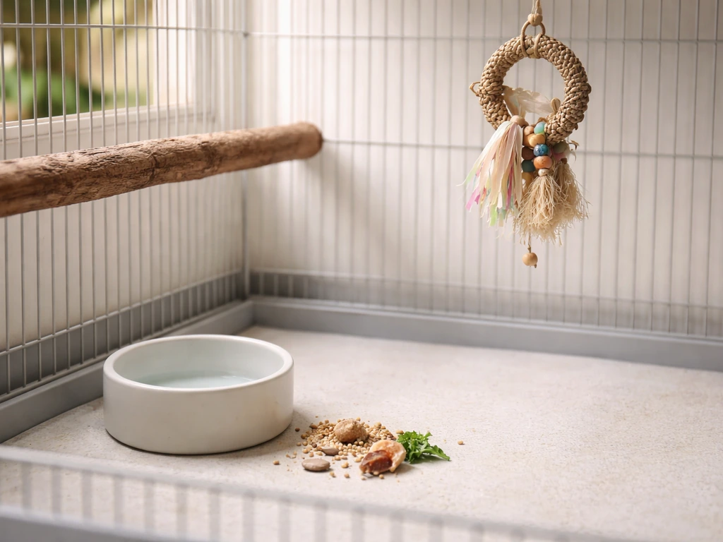 Minimal close-up of bird enclosure essentials: perch, water dish, toys, and ample space for wing-flapping
