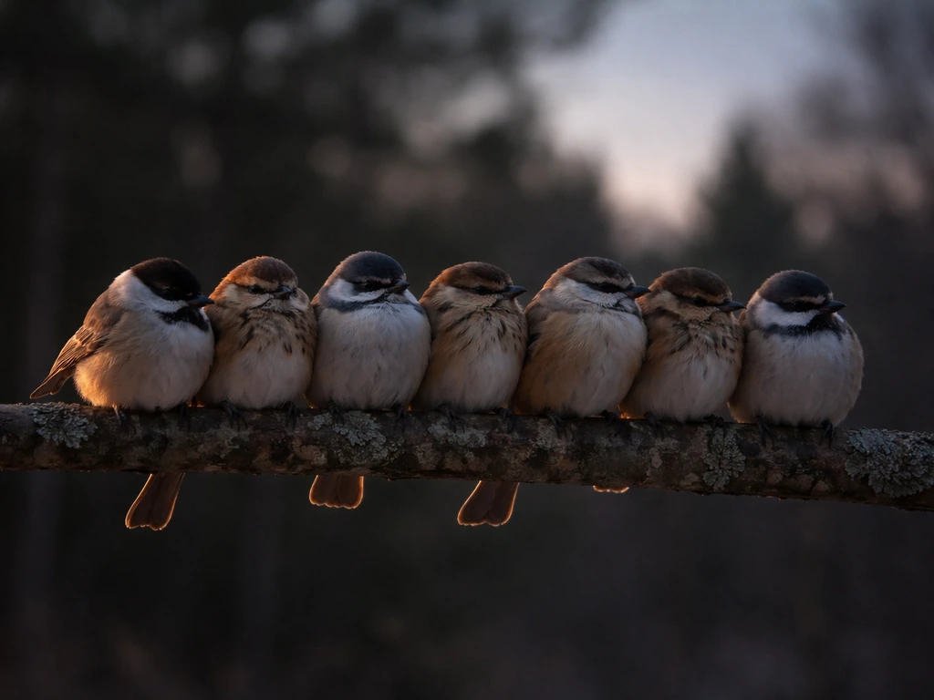 Dusk roost with several small birds perched closely together on a safe elevated branch.