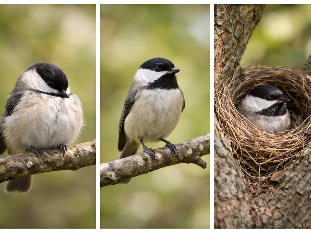 Three-panel-style photo showing a bird roosting, perching upright, and nesting with twigs.