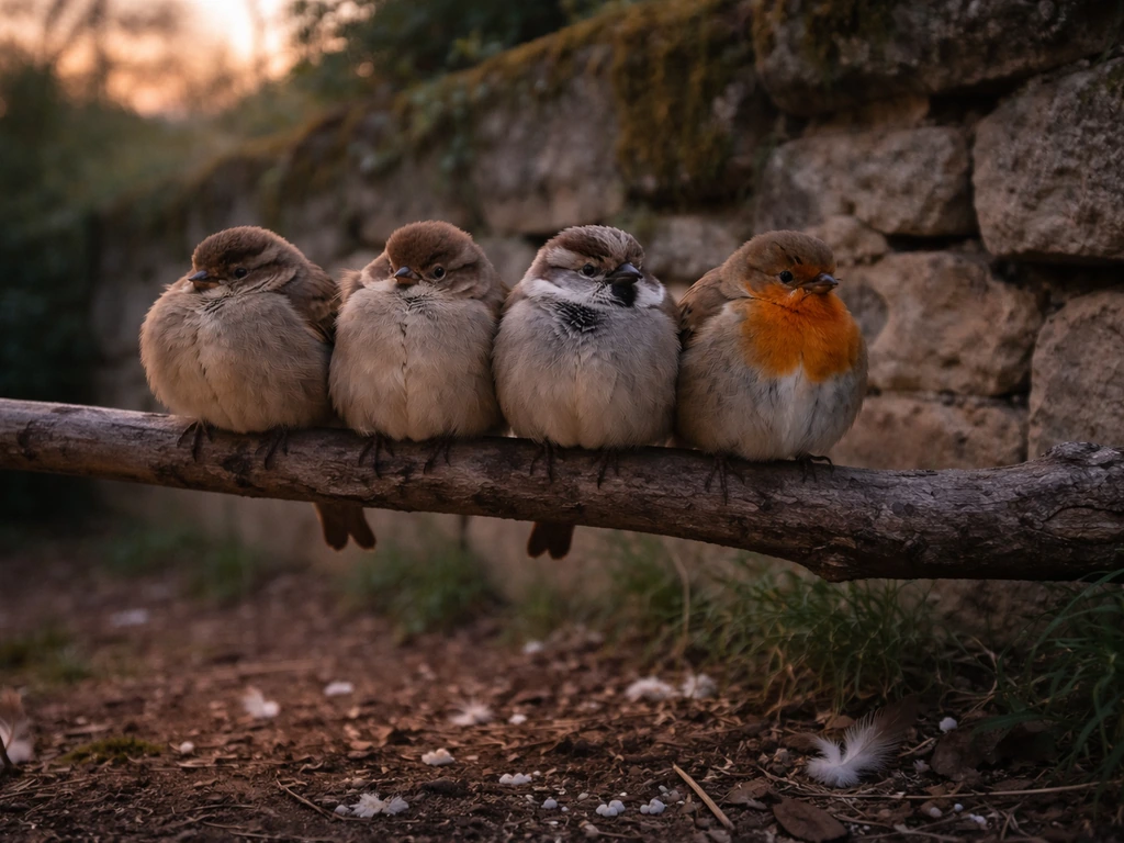 Birds settling on a branch at dusk, with droppings and loose feathers visible under the roost spot.