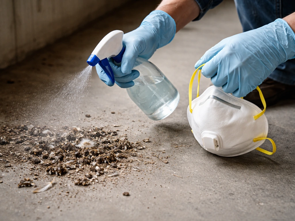 Gloved worker spraying water on bird droppings under a roost, with a respirator mask held ready