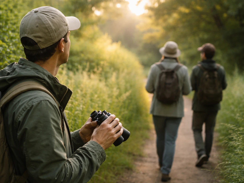 Anonymous birders on a calm park trail with binoculars during a slow birding stroll.
