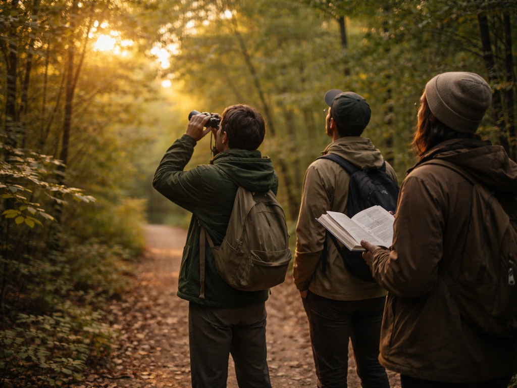 Anonymous birdwatchers slowly walking and stopping on a quiet woodland path with binoculars and a field guide
