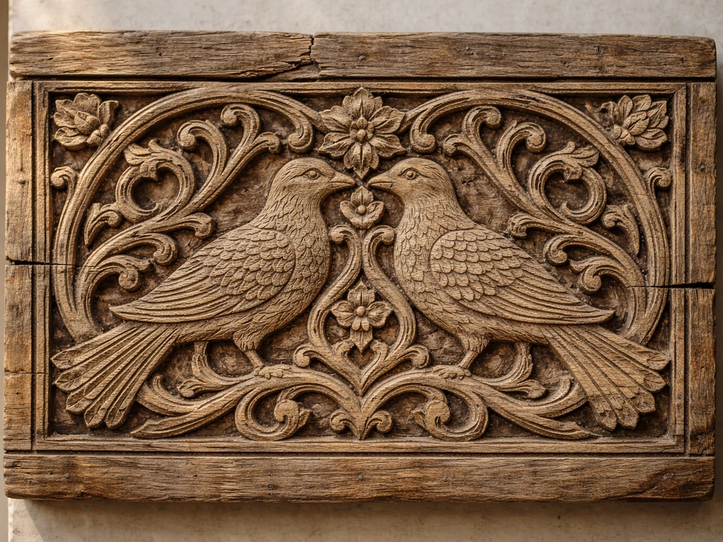 Close-up of a carved traditional ornament motif with stylized birds on weathered wooden panel