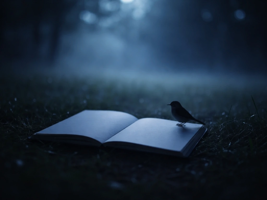 Nighttime outdoor scene with a small bird silhouette near an open journal on a dim path