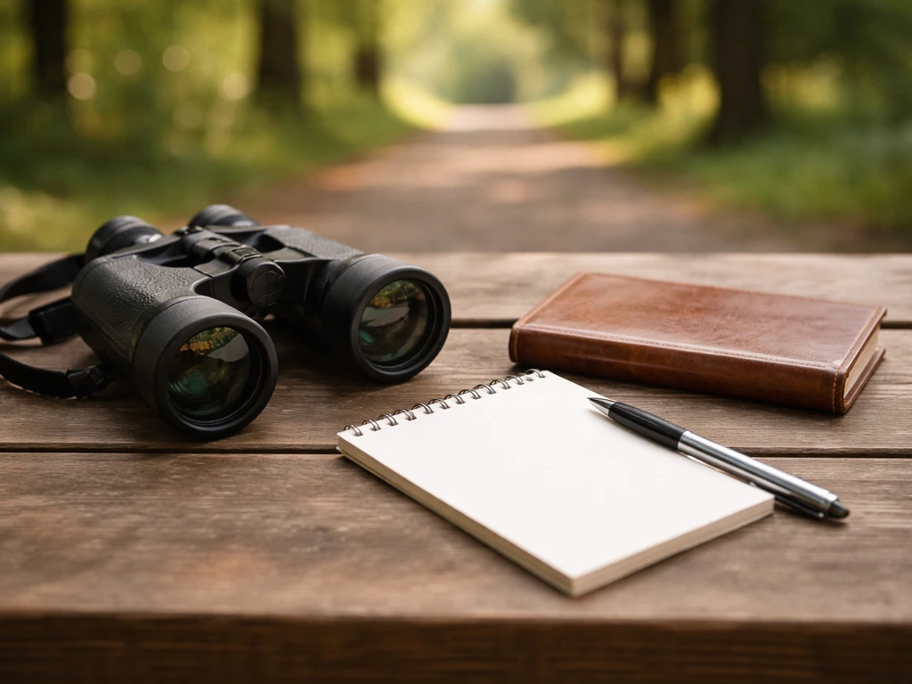 Close-up of a small notepad and binoculars beside a guidebook, suggesting bird-walk event details and reflection