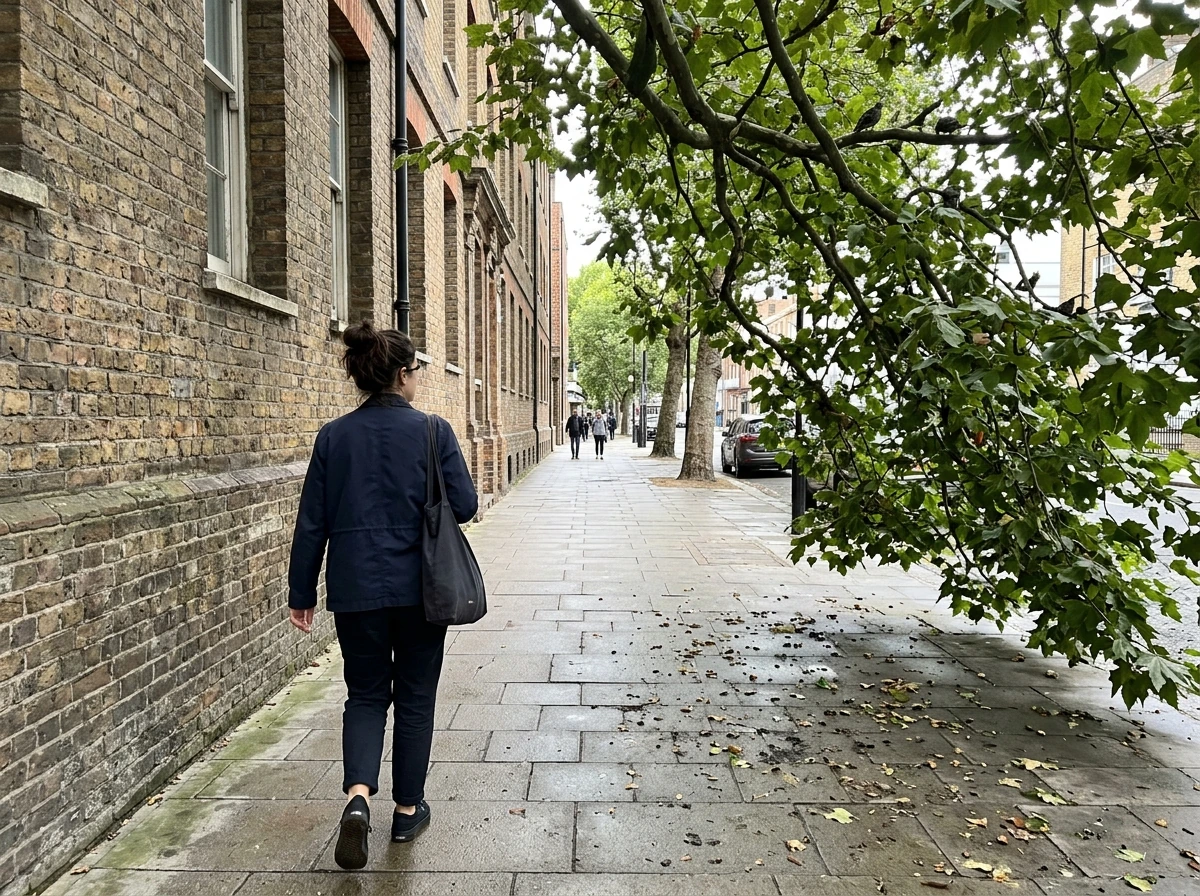 Awareness prevention: person walking under a tree branch avoided with a different route