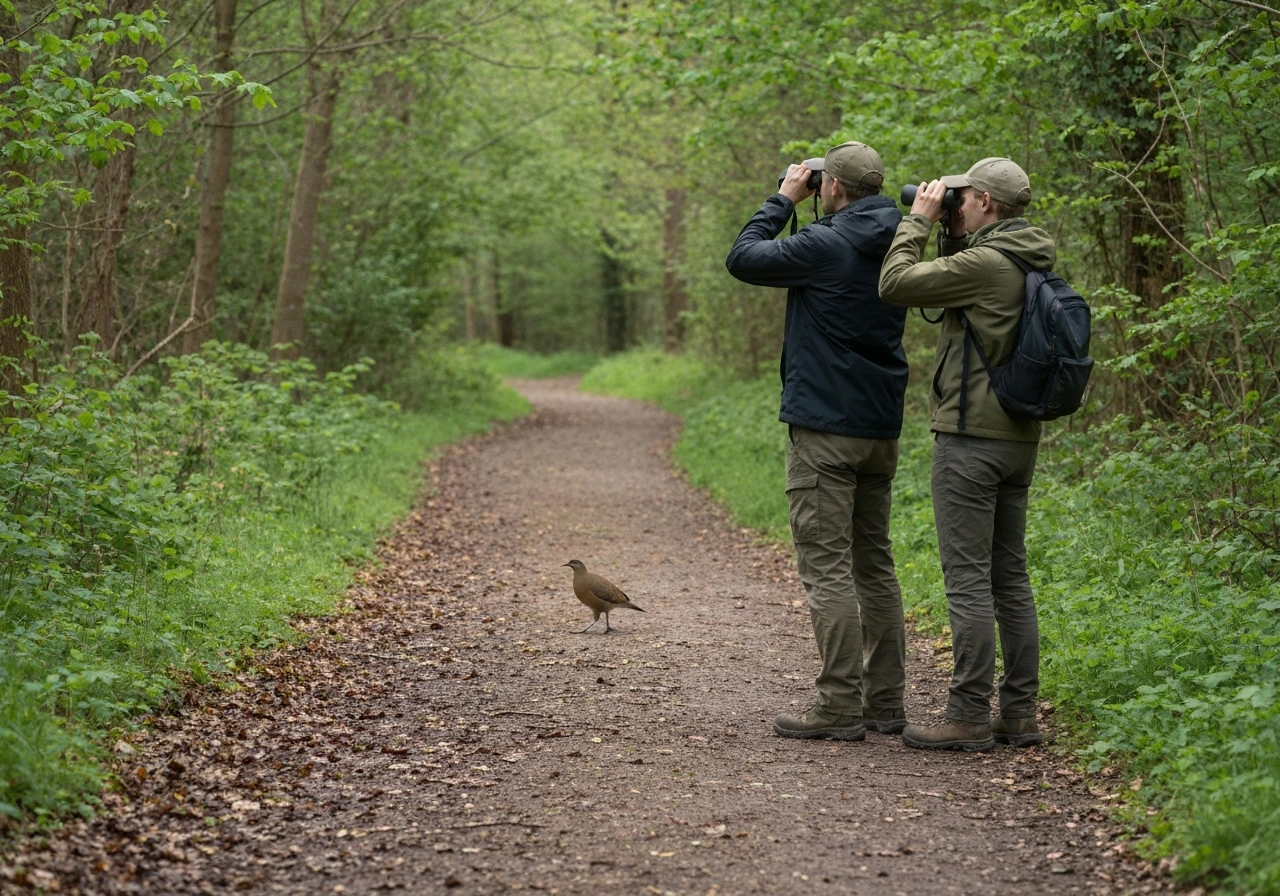 Two birdwatchers on a quiet nature trail watch colorful birds with binoculars.