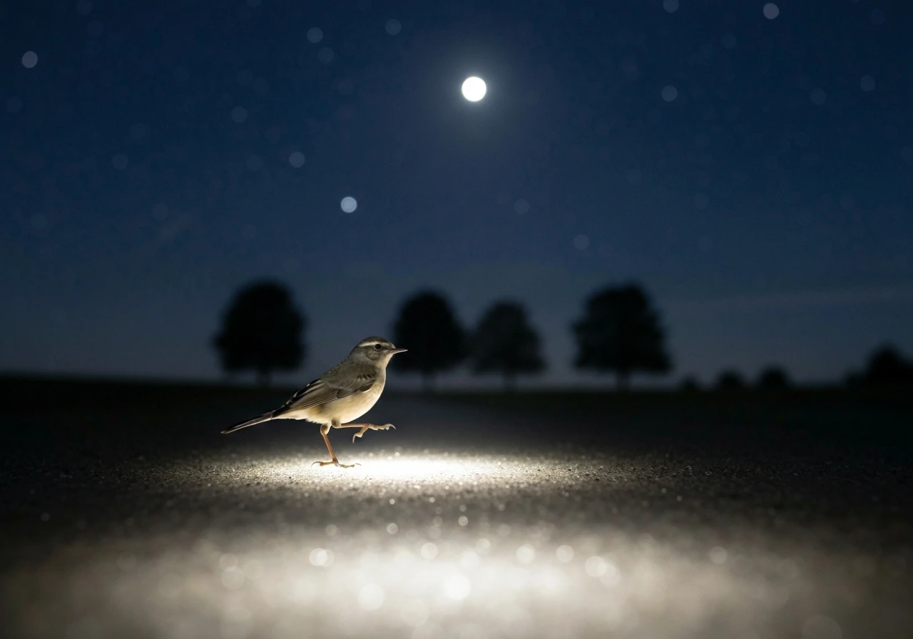 A small bird walking along a moonlit path in a dark surreal night landscape