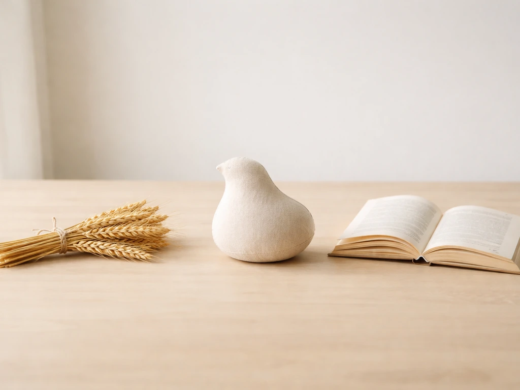 Minimal photo showing three subtle context cues: wheat harvest, a curled cloth “bird” shape, and a closed book