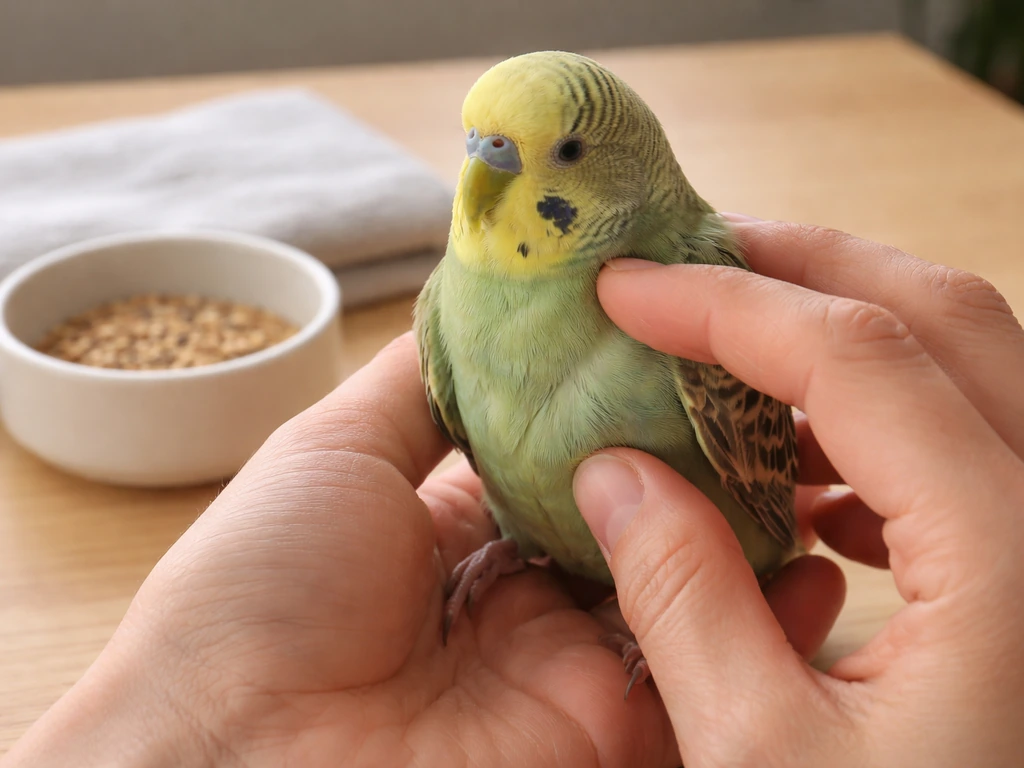 Hands gently palpating a small pet bird’s crop after feeding in a calm, minimal setting.