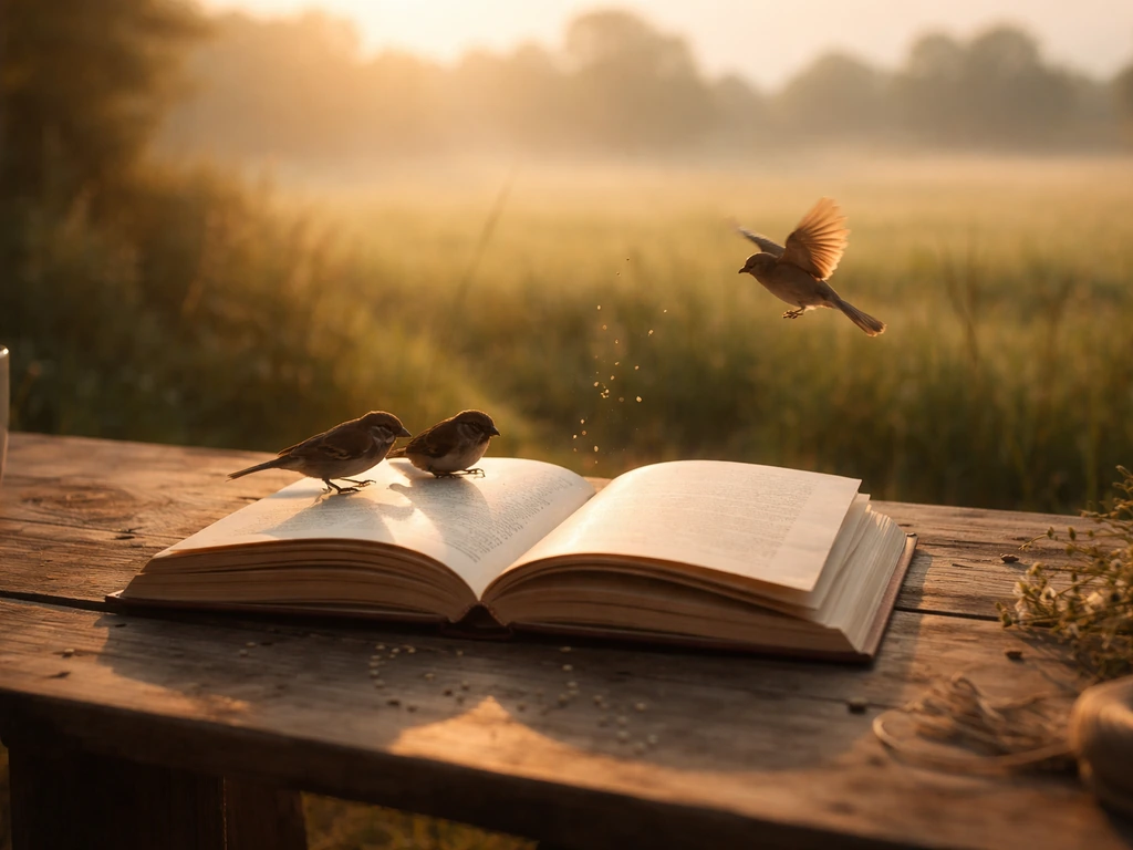 Open book on a wooden table with small birds perched as seeds drift in soft golden dawn light.