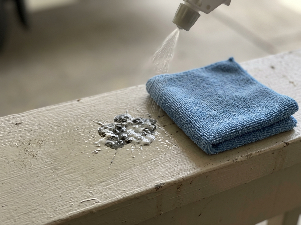 Water soaking fresh bird droppings before blotting with microfiber.
