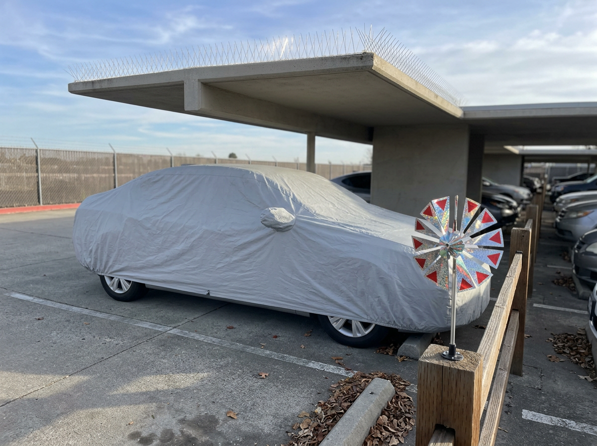 Prevention setup to reduce repeat bird droppings on a parked car.