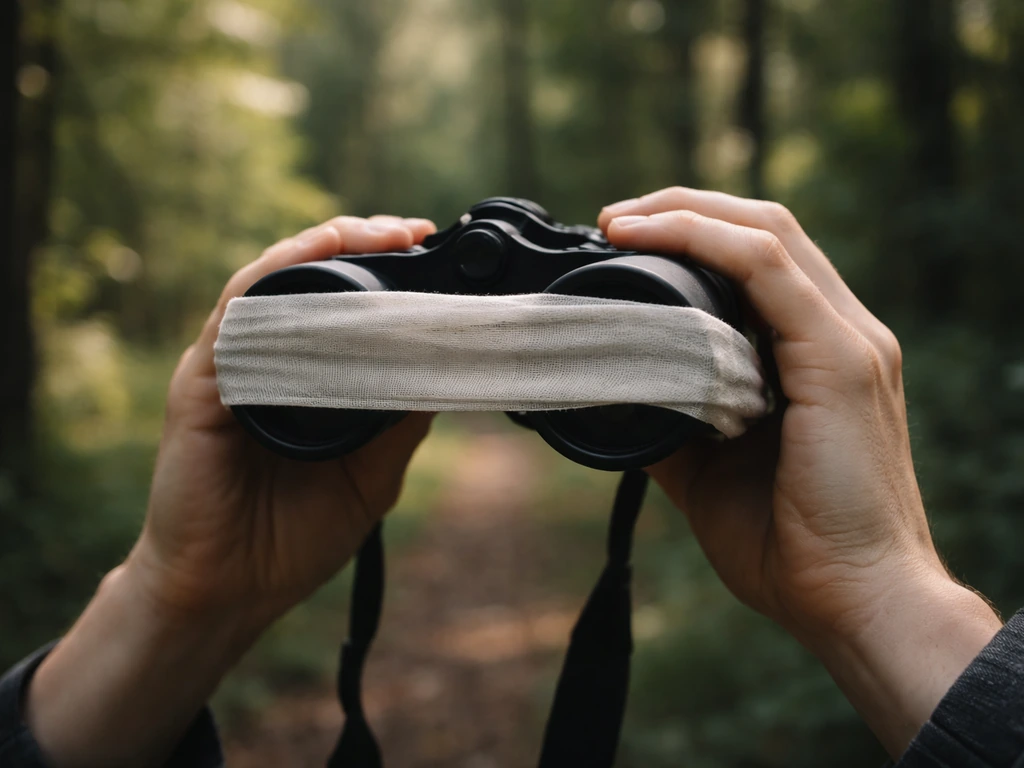 A hand holding binoculars with the view blocked by a blindfold-like fabric in a quiet natural setting