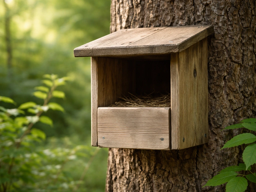 Close-up of a bird nest box mounted outdoors, surrounded by leafy bushes at a forest edge