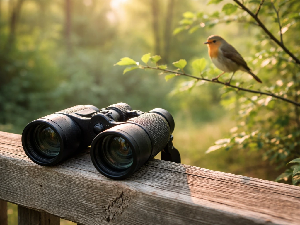 Binoculars resting on a wooden fence as a small songbird perches nearby in a sunny garden.