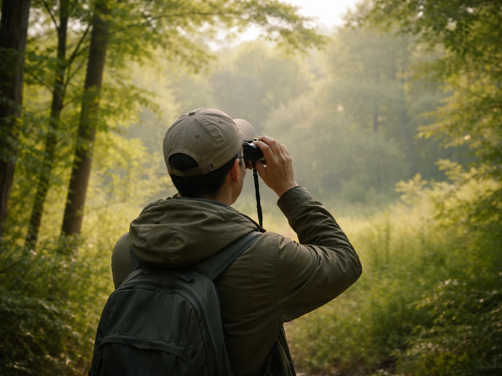 Beginner birdwatcher seen from behind using binoculars while scanning birds in a quiet natural woodland