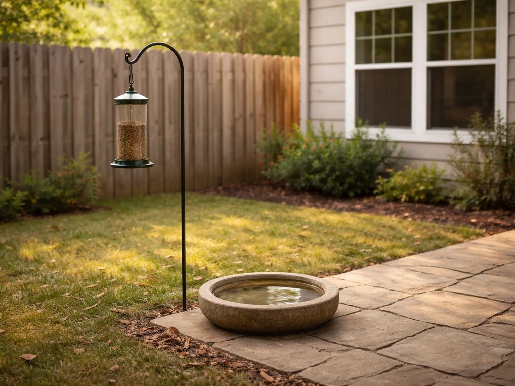 Backyard patio with a bird feeder and shallow birdbath placed away from a nearby window, quiet yard setting.