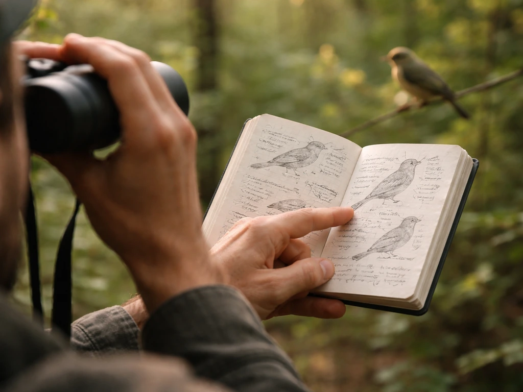 Anonymous hand pointing at a bird ID guide while looking through binoculars in a quiet outdoor field.