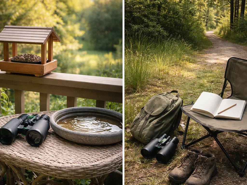 Two-panel comparison: backyard feeder with binoculars vs. active birding gear with notebook on a chair.